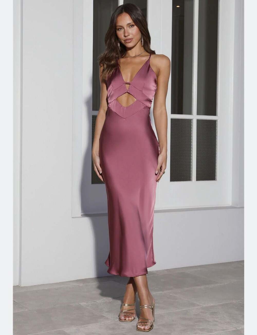 Hello Molly Your Warmth Satin Cut-Out Midi Dress in Rose